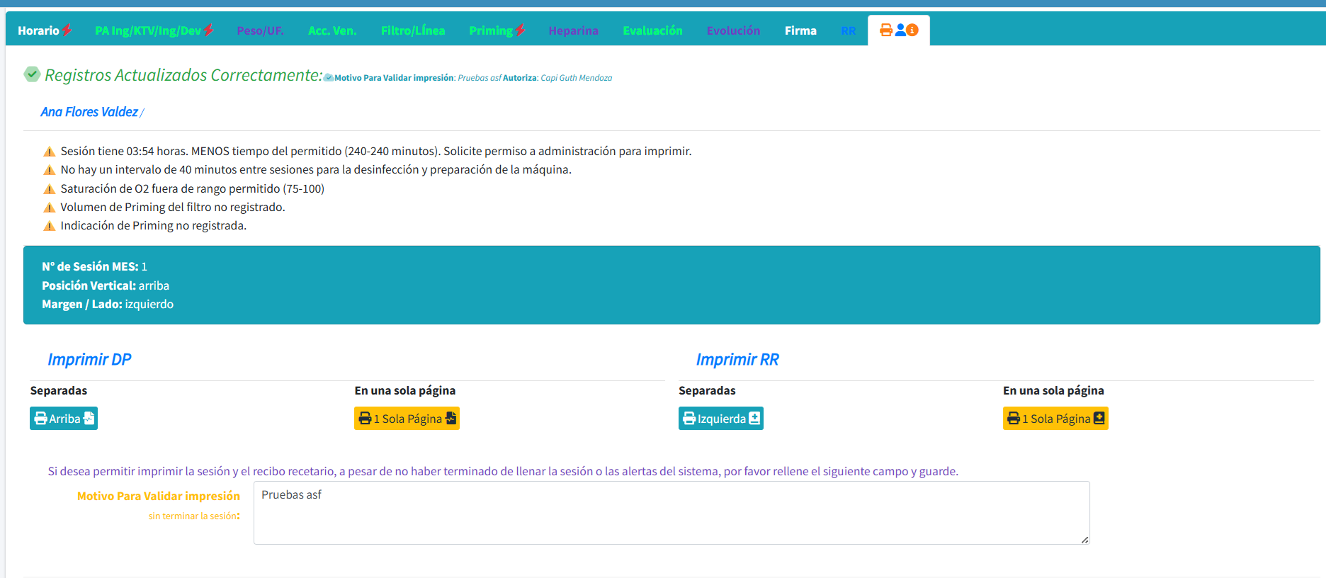 Validación e Impresión de Sesiones